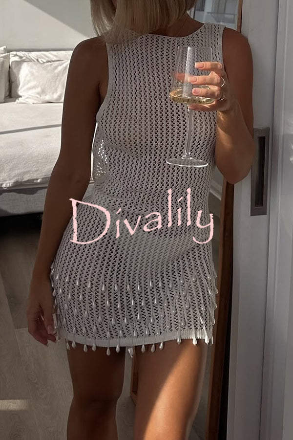 Fashion Knit Hollow Beaded Tassel Embellished Sleeveless Slim Mini Dress
