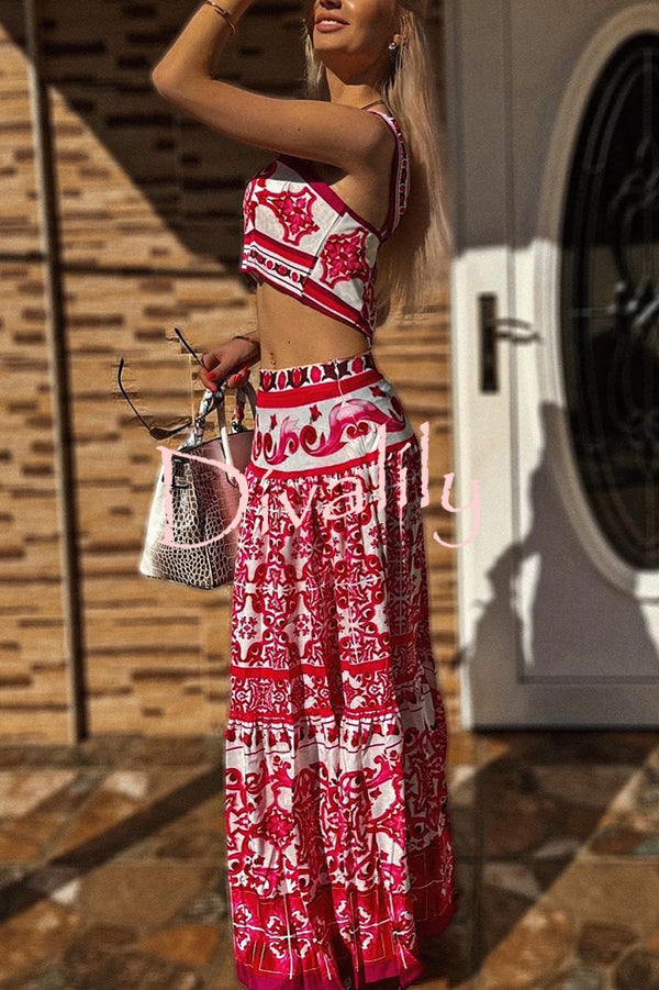 Unique Printed Sexy Sling Tank and Elastic Waist Large Hem Maxi Skirt Set