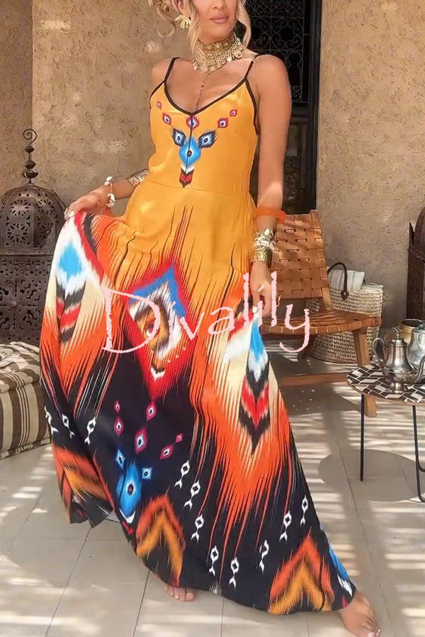 Unique Printed Suspender V-neck Loose Maxi Dress