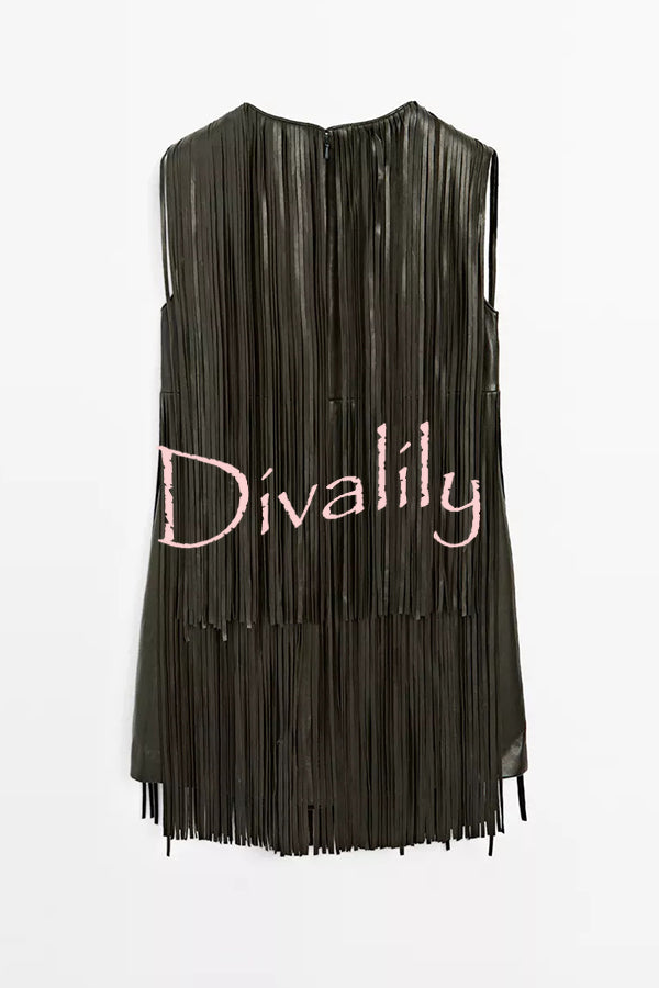 Modern Times Faux Leather Layered Tassel Design Sleeveless H-line Mini Dress