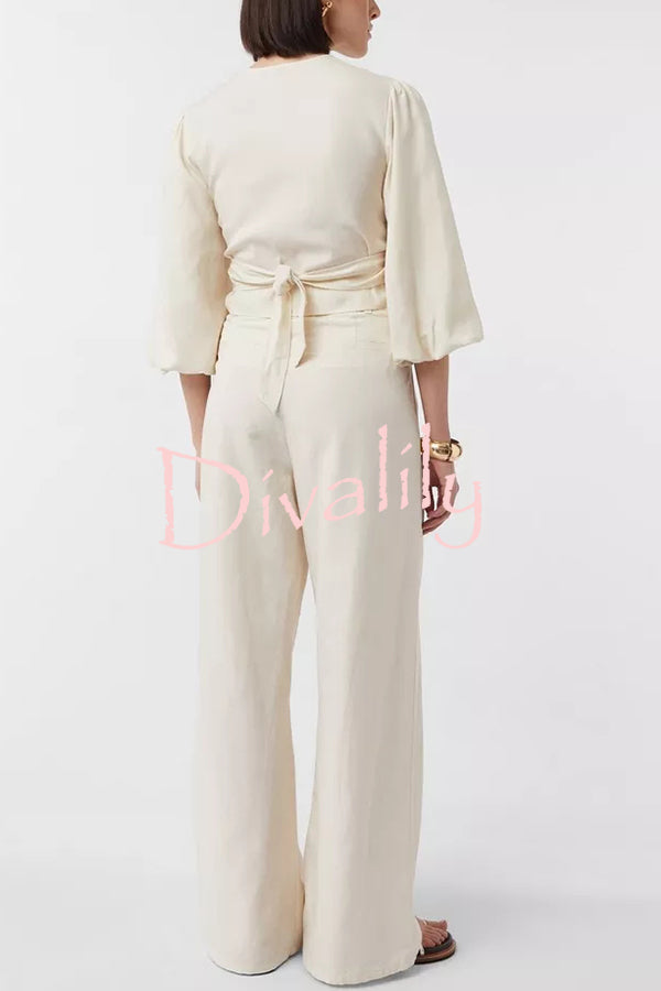 Lets Go Out Linen Blend Balloon Sleeve Wrap Tie-up Loose Top
