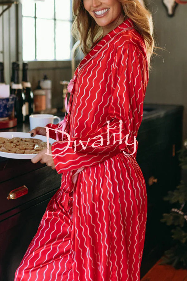 Satin Wave Print Long Sleeve Bow Shirt and Elastic Waist Loose Pants Set