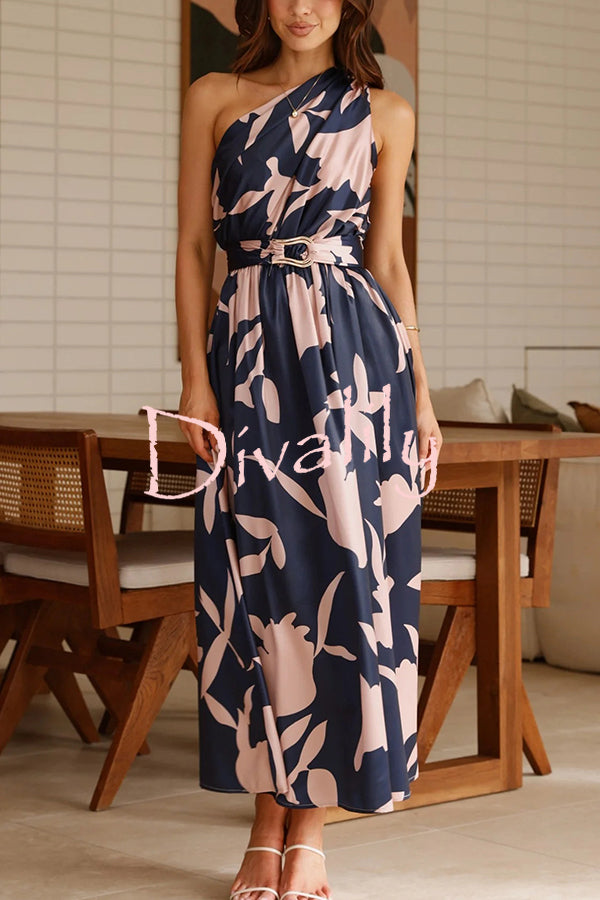 Unique Print Sleeveless One Shoulder Belted Maxi Dress