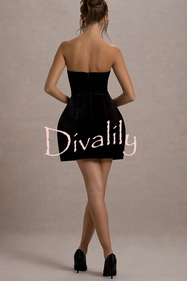 Effortlessly Elegant Velvet Jewel Embellished Trim Bandeau Mini Dress