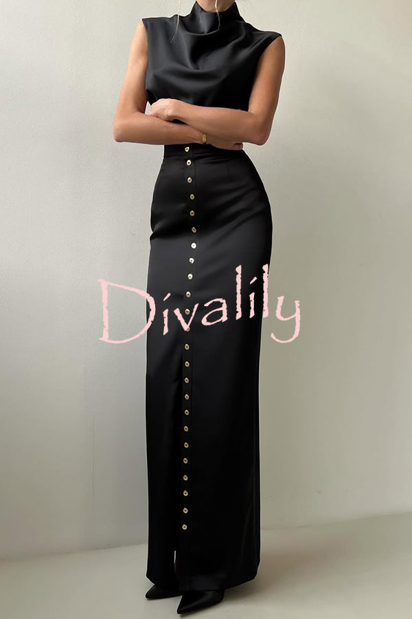 Solid Color Casual Sleeveless Crop Top and Elegant Button-down Maxi Skirt Set