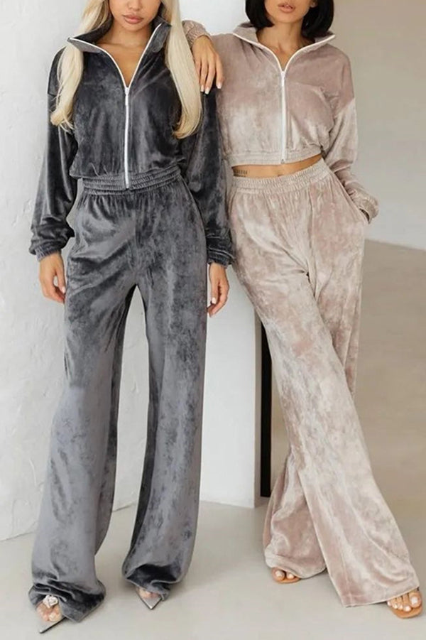Solid Color Velvet Long-sleeved Zip-up Sweatshirt and Elastic Waist Casual Pocket Straight-leg Pants Set