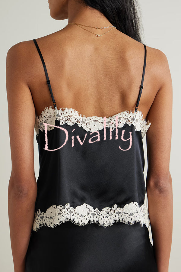 Celebration Look Contrast Color Satin Lace Trim V-Neck Slip Tank