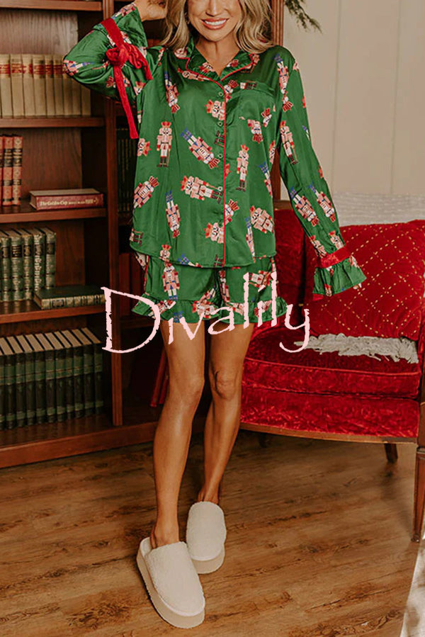 Christmas Dreaming Satin Nutcrackers Print Velvet Trim Elastic Waist Pocketed Pajama Shorts Set