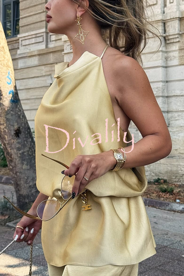 Satin Solid Color Loose Backless Casual Top