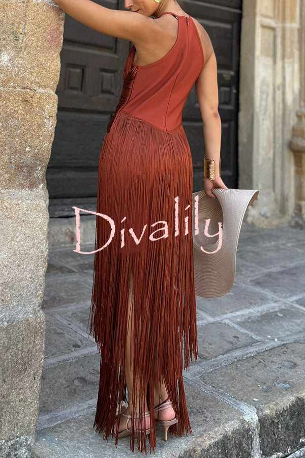 Fashion Sleeveless Halter Neck Elegant Tassel Slim Maxi Dress