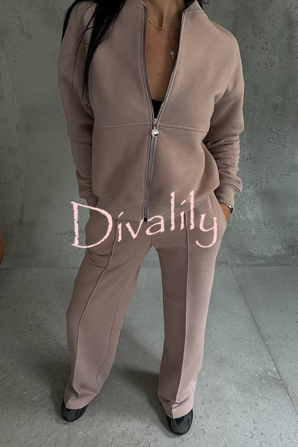 Solid Color Casual Long Sleeve Zipper Jacket and Elastic Waist Pocket Wide Leg Pants Set