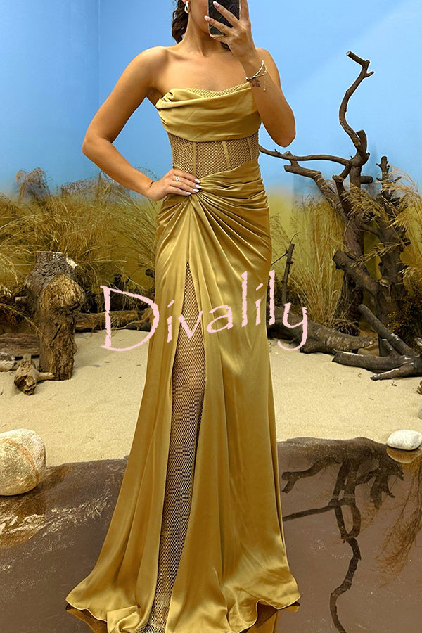 Essie Satin Rhinestone Patchwork Twist Waist Strapless Slit Maxi Dress