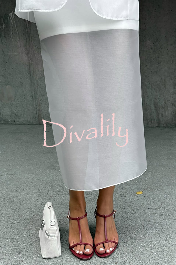 Simple and Light See-through Fabric Mid Rise Pencil Slit Midi Skirt