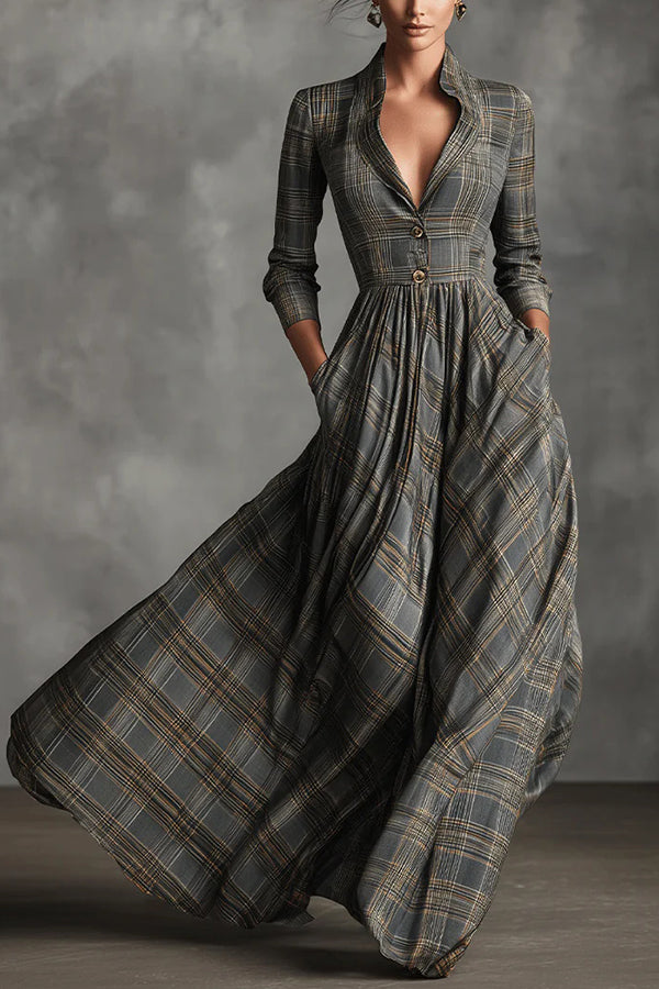 Plaid Print Long Sleeve Slim Fit Casual Pocket Maxi Dress