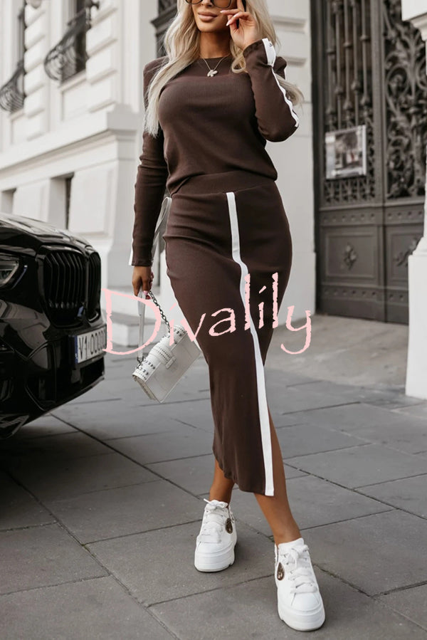 Stylish Paneled Long Sleeve Crew Neck Top and Elastic Waist Slit Midi Skirt Set