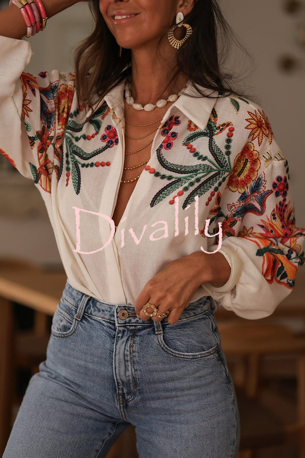 Botanical Print Loose Lapel Long Sleeve Casual Shirt