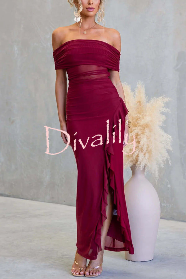 Sexy Mesh Off-shoulder Slim Fit Ruffled Slit Maxi Dress