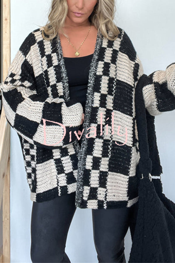 Casual Plaid Mid-length Loose Knitted Outerwear