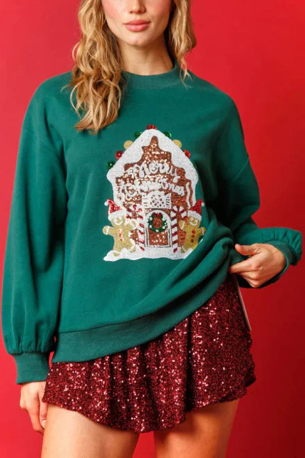 Christmas Candy House Sequined Casual Loose Sweatshirt