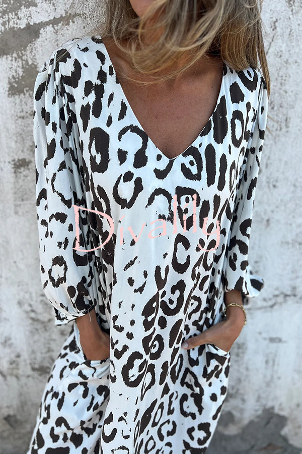 Leopard Print Loose V-neck Pocket Holiday Style Maxi Dress