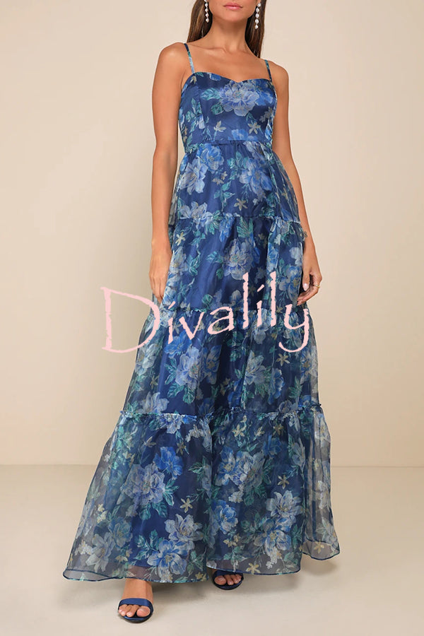 Exclusive Glamour Organza Floral Print Tiered Slip Maxi Dress