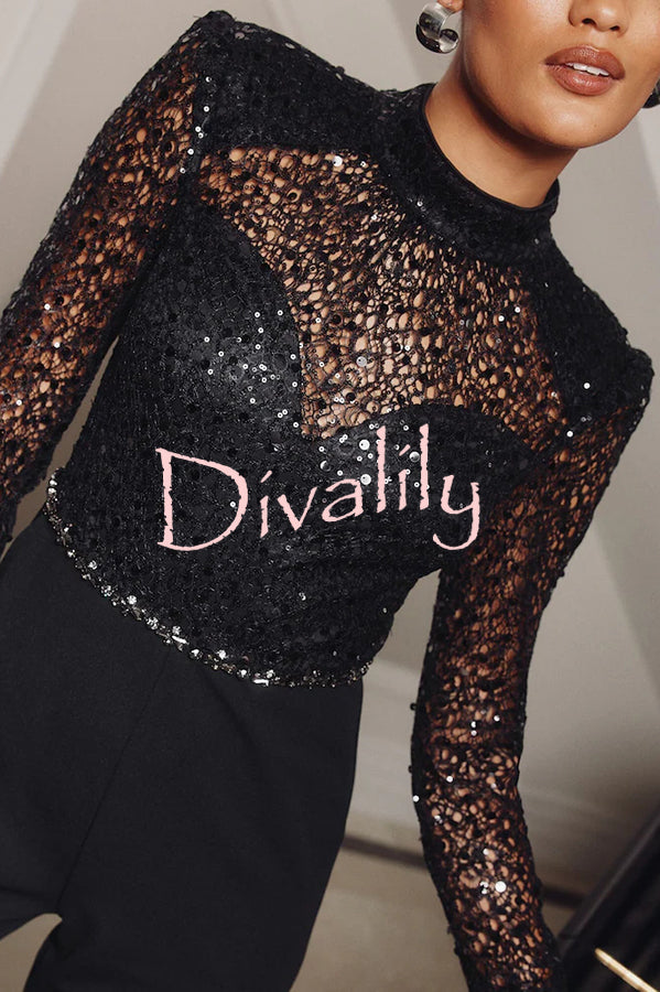 Aerie Sequin Embellished Mock Neck Long Sleeve Feather Cuff Flare Jumpsuit