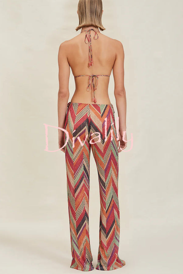 Gypsy Girl Triangle Pattern Beaded Tie-up Waist Stretch Loose Pants