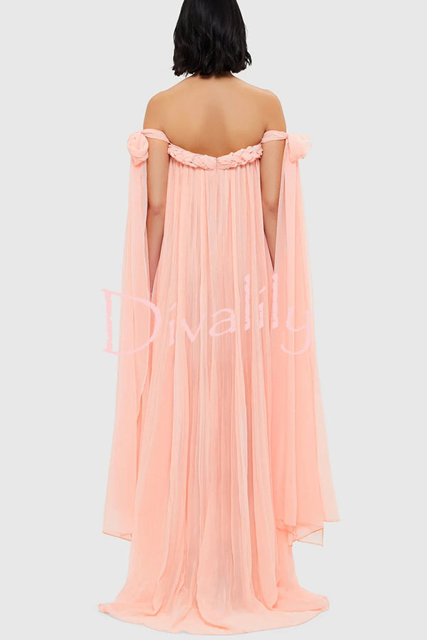 Fairy Spirit Tulle Braided Neckline Tie Arm Straps Pleated Maxi Dress