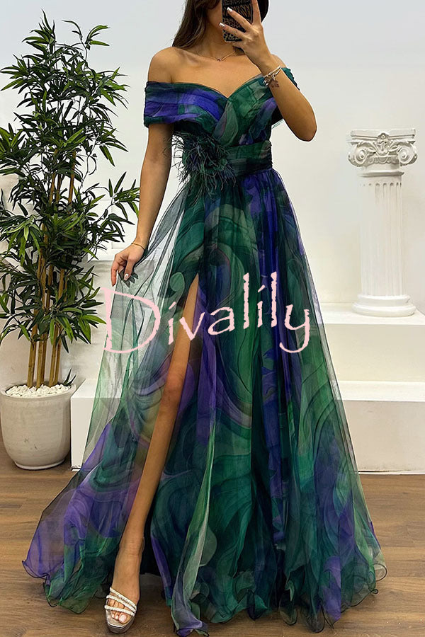 Jinnie Tulle Floral Feather Pendant Pleated Off Shoulder Slit Maxi Dress