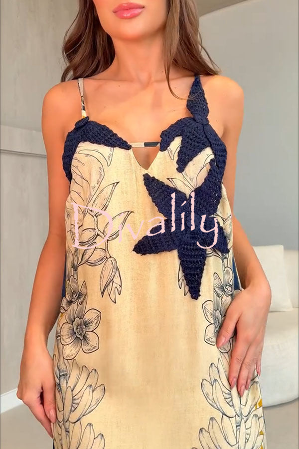 Esra Crochet Floral Linen Blend Unique Print Back Tassle Slit Maxi Dress