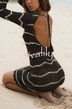 Fashion Striped Round Neck Long Sleeve Knit Cover Up Mini Dress