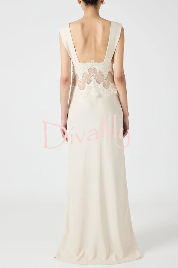 Wonderful Fusion Satin Lace Trim See-through Waist V-neck Drape Maxi Dress