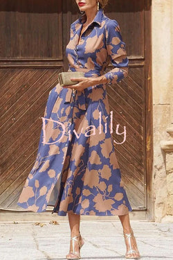Lapel Floral Print Lace Up Buttoned Pockets Long Sleeve Midi Dress