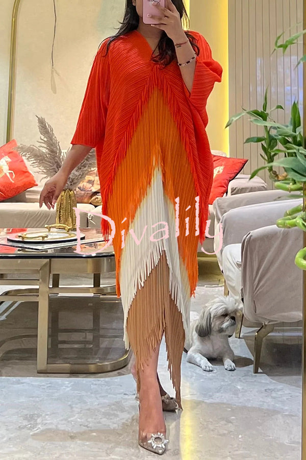 Fashionable Color-blocked Multi-layered Tassel Loose Midi Dress