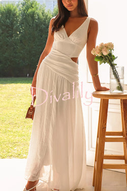 Solid Color V-neck Waist Hollow Slim Maxi Dress