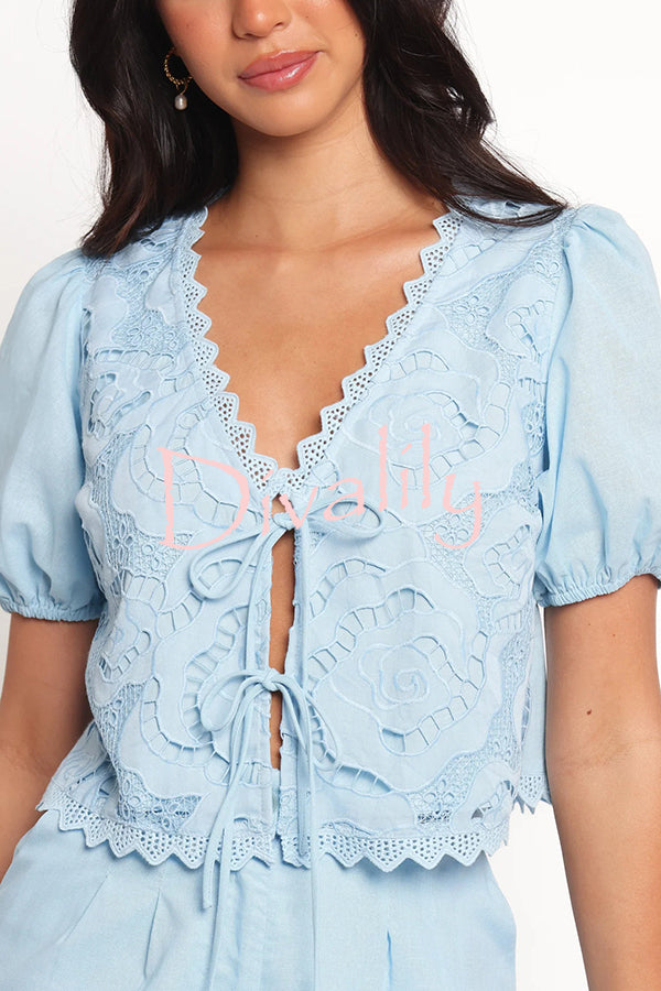 Fashionable V-neck Tie Puff Sleeve Top and Casual Pocket Shorts Set