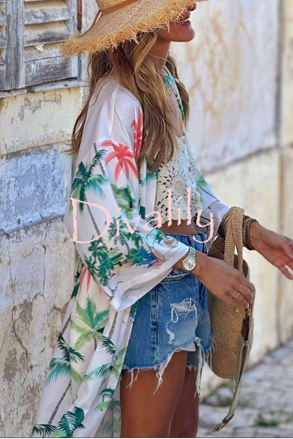 Resort Style Botanical Print Tie-waist Long Cover-up