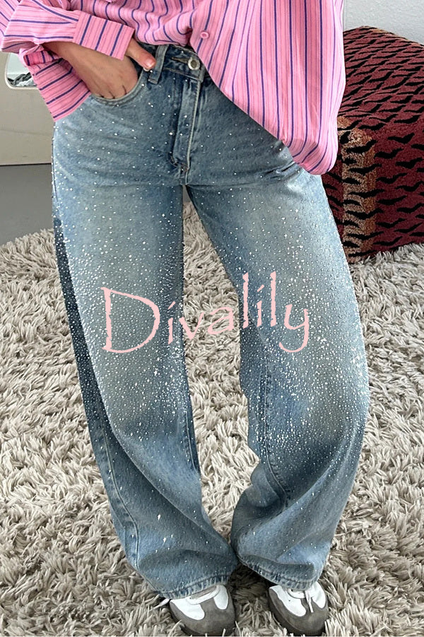 Fashionable Rhinestone Mid-rise Loose Pocket Straight Jeans