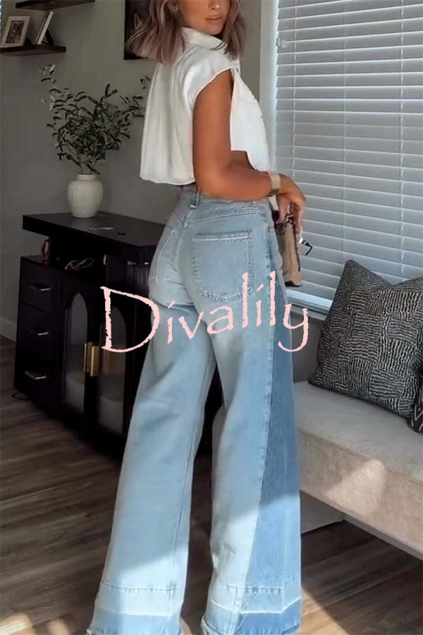 Ellison Denim Side Colorblock High Rise Pocket Wide Leg Jeans
