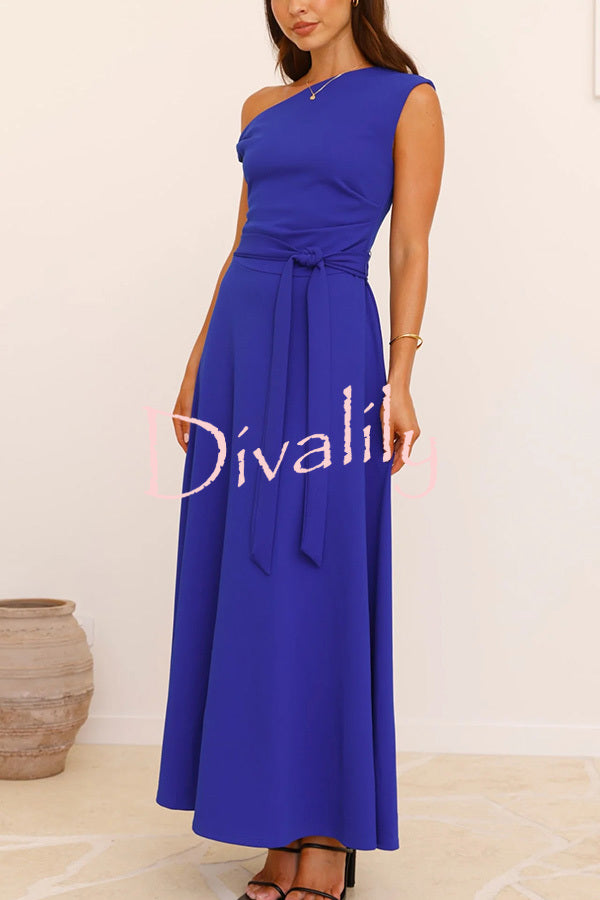Solid Color Sloped Collar Slim Fit Waist Lace Up Full Hem Maxi Dress