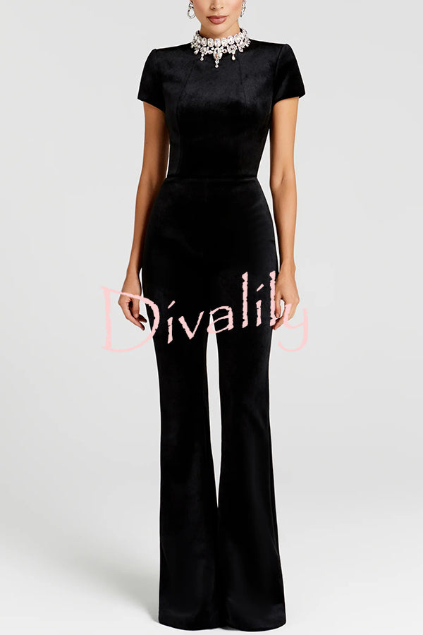 Lucia Luxurious Velvet Jewel-encrusted Turtleneck Short Sleeve Flare Stretch Jumpsuit