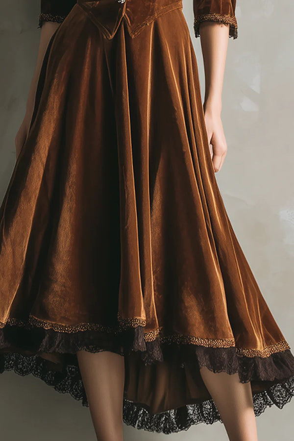 Fashionable Velvet and Lace Patchwork V-neck Button Midi Dress