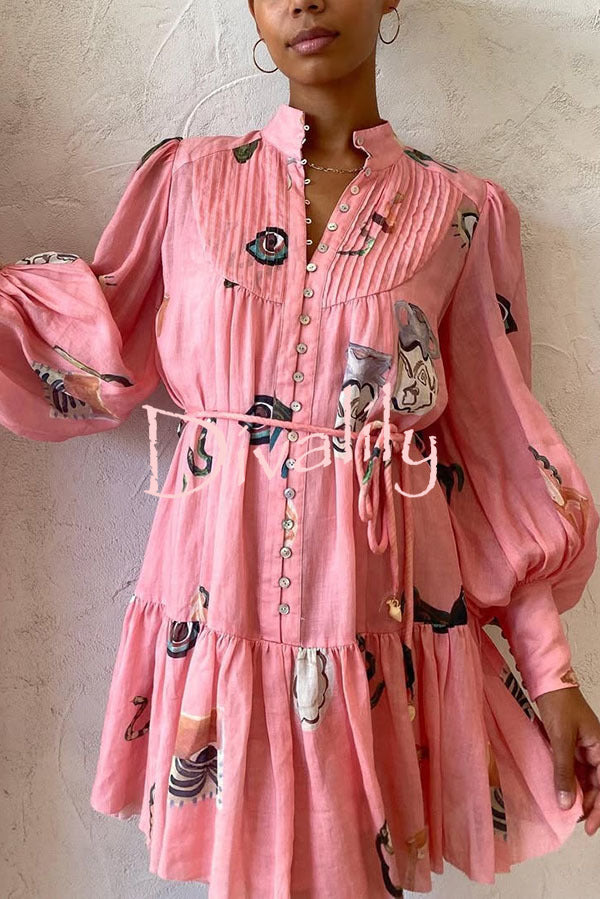 Unique Print Single Breasted Balloon Sleeve Tie Waist Ruffled Mini Dress