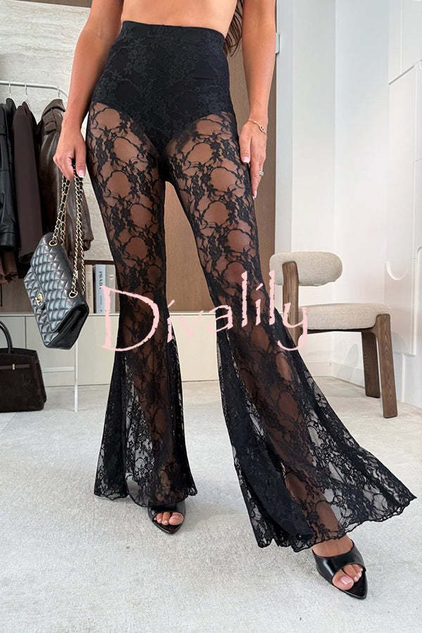 Chic Moment Floral Lace High Rise Elastic Waist Fishtail Hem Stretch Pants