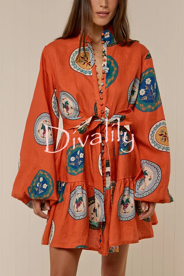 Linen Blend Unique Print Tie Waist Loose Mini Dress