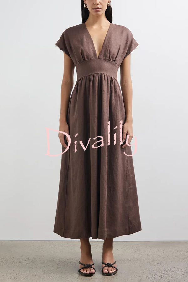 Della Linen Blend Short Sleeve Fitted Waist Maxi Dress