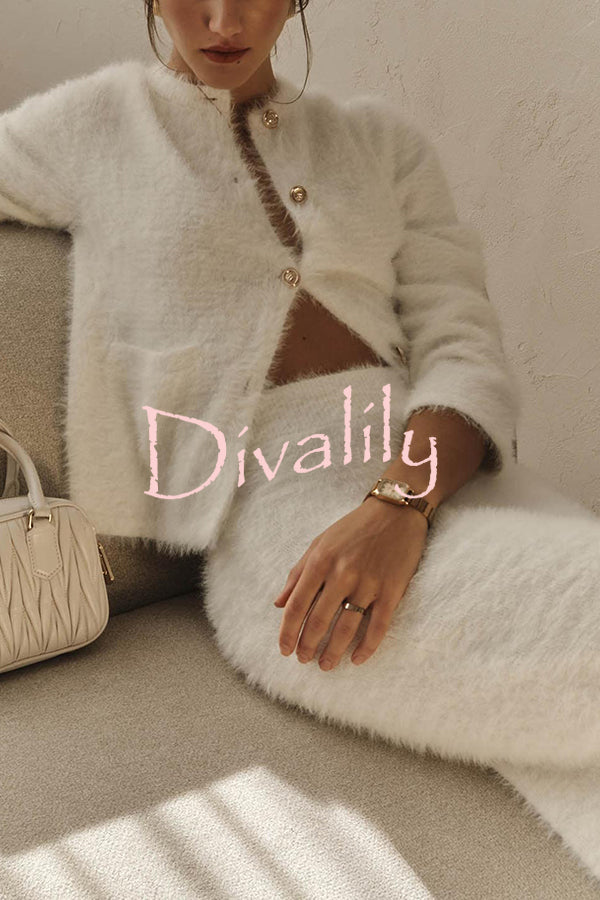 Solid Color Long-sleeved Button-pocket Knitted Jacket and Elegant Long Skirt Set