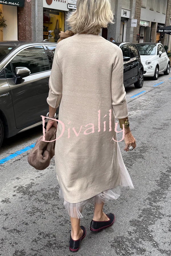 Jollie Knit Long Sleeve Front Slit Midi Sweater and Pleated Tulle Stretch Tank Midi Dress Two-piece Set