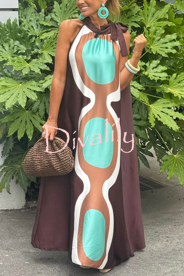 Unique Print Sleeveless Halter Neck Loose Holiday Maxi Dress
