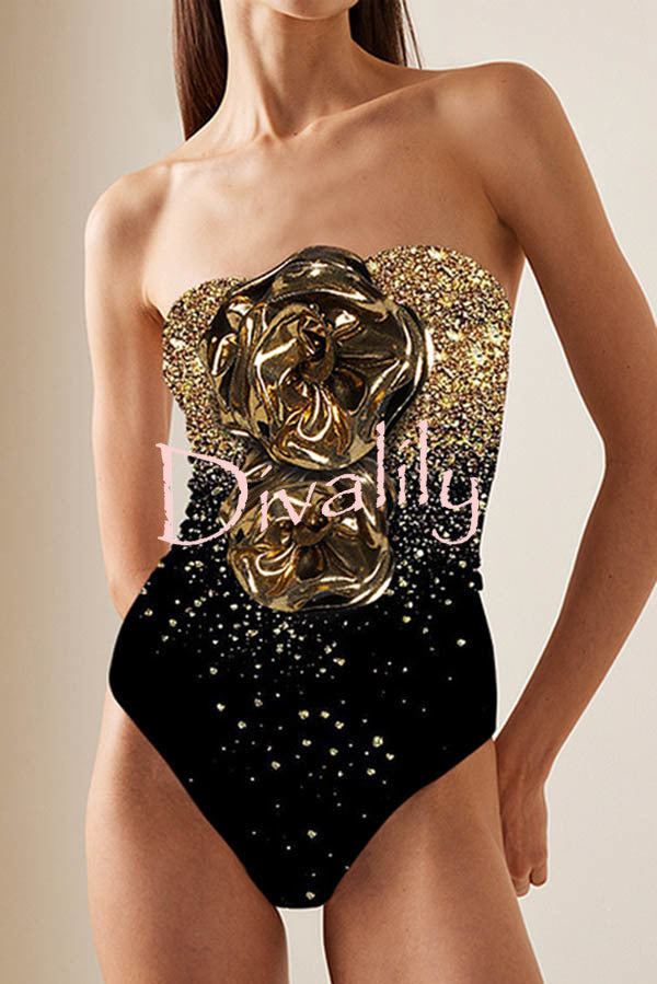 Ombre Sequin Print Metallic Fabric Flower Embellished Stretch One-piece Swimsuit